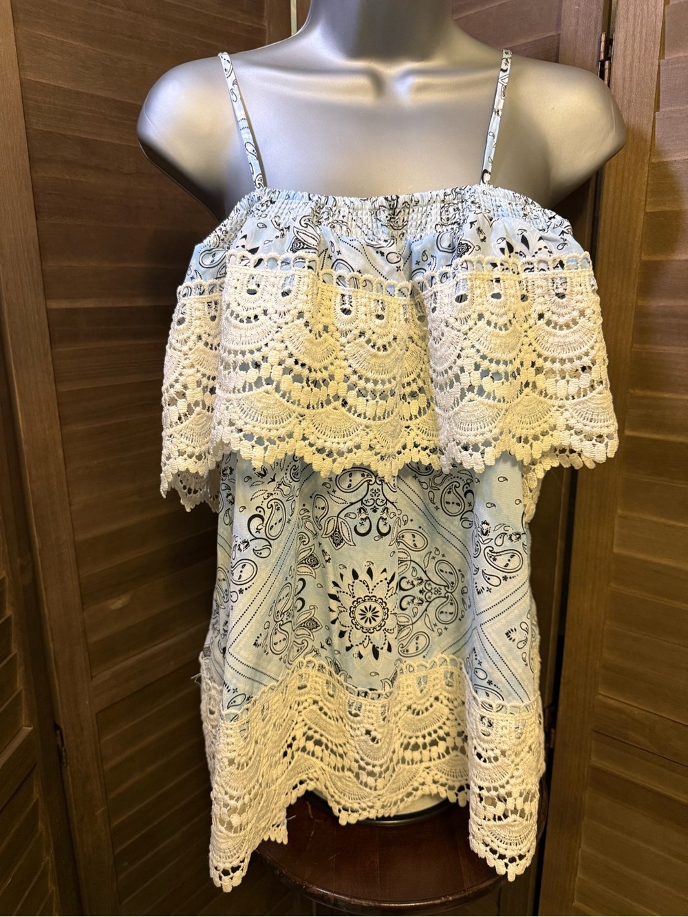No Boundaries Light Blue Paisley Cami with White Crochet Trim